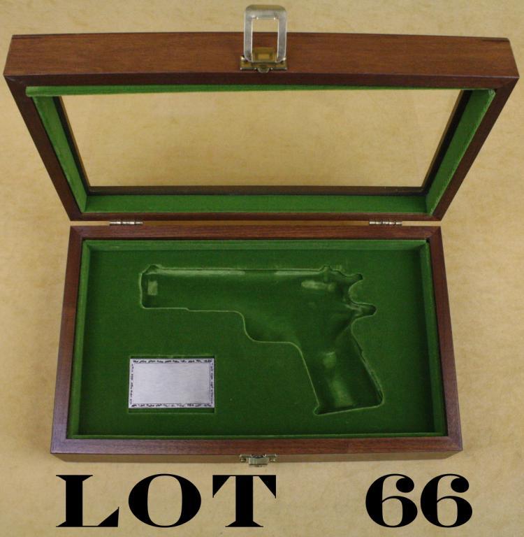 Custom wood and glass display case for a Colt 1911 style semiauto