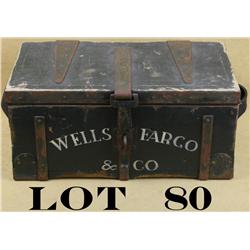 Older quality reproduction of a Wells Fargo &  Co. wooden strongbox approx. 9” x 18” X 10”  with iro