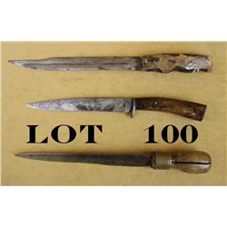 Lot of three misc. well-worn knives in  overall fair condition; one is made from a  file, on from an