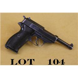 P-38 DA semi-auto pistol, “ac 41” code, 9mm  cal., 5” barrel, blue finish, grooved plastic  grips, #