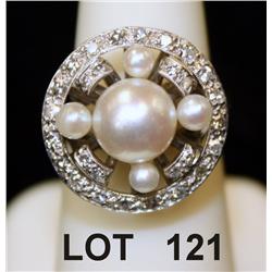 Beautiful antique diamond and pearl ladies  ring. 8-1/2mm pearl, dealer’s retail tag:  $2,900. A qua