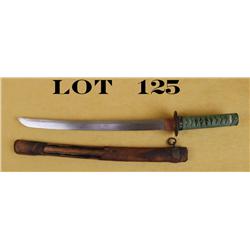 Japanese Wakasashi in traditional mountings,  scabbard leather covered for WW II, good  fittings, bl
