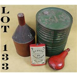 Lot of four powder tins including a large  DuPont Rifle can, approx. 11” tall and  approx. 9” in dia