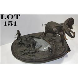 Fine contemporary original bronze of Bull  Elephant at waterhole being shot with arrows  by Natives.