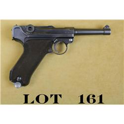 Luger semi-auto pistol, 9mm cal., 4” barrel,  blue finish, top of frame marked “G” , top of  toggle 