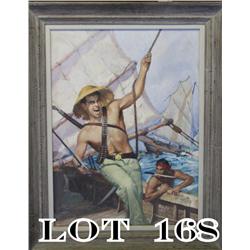 Original framed oil on board painting by  Robert Erich Schulz (1928-1978) of a  swashbuckling mercen