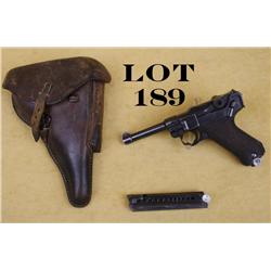 German Luger semi-auto pistol, nazi proofed  with brown leather flap holster, extra  magazine and ta