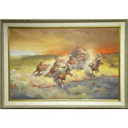 Framed original color oil painting by noted  Western artist Russ Vickers entitled “Run for  the Back