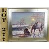 Image 1 : Original framed oil painting on board,  approx. 21” x 26” by Fleming showing a cowboy  in the snow w