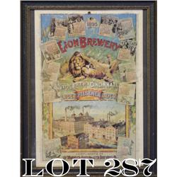Framed color advertising print for the Lion  Brewery, “Compliments of the  Windisch-Muhlhauser Brewi