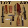 Image 1 : Misc. lot of 5 knives and two bayonets  including a large Spivey Sabertooth knife and  leather scabb