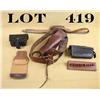 Image 1 : Small lot of misc. leather including two  reproductions of leather bullet pouches, a  leather strap 