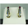 Image 2 : Exquisite 14 karat yellow gold ladies hoop  design earrings set with Rubies and Ceylon color sapphir