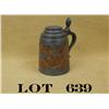 Image 1 : Oak and metal German-style stein, approx. 6”  high with an embossed metal lid showing a  nicely orna