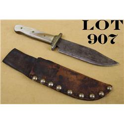 Medium-sized hunting knife with brass tack  studded leather scabbard, knife approx.  10-1/2” overall