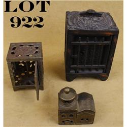 Lot of three old metal banks, all in  untouched and overall good condition; first,  a safe style ban