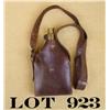 Image 1 : Large leather flask bag approx. 10” x 5-1/2”  with leather strap and brass charging spout  marked “C