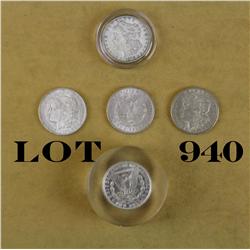 Lot of 5 U.S. Morgan silver dollars,  ungraded, including an 1897, an 1888, a 1921,  an 1878 in a be