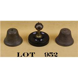 Lot of three collectibles including two cast  brass bells approx. 3” in height and approx.  5” in di