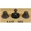 Image 1 : Lot of three collectibles including two cast  brass bells approx. 3” in height and approx.  5” in di