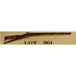 Antique European SxS percussion shotgun, back  action locks, 12 gauge, 29” barrels, brown  finish, e