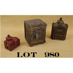 Lot of 3 old metal banks including a safe  style “Saving Bank” approx. 4” x  3” x 3-1/2”  marked “Ke