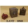 Image 1 : Lot of 3 old metal banks including a safe  style “Saving Bank” approx. 4” x  3” x 3-1/2”  marked “Ke
