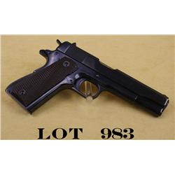 Colt Government Model semi-auto pistol, .45  cal., 5” barrel, blue finish, checkered  maroon plastic