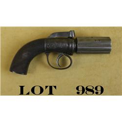 English bar hammer six shot percussion  pepperbox marked “Smith London”, .32 cal., 3”  barrels, engr