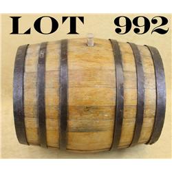 Large old oak keg approx. 15” long and  approx. 11” in diameter with old iron bands;  in overall goo