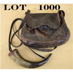 Early large leather pouch and powder horn in  well-worn condition and both showing a great  look and