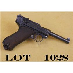 DWM Luger semi-auto pistol, 9mm cal., 4”  barrel, military blue finish, checkered wood  grips, wood 