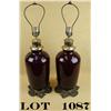 Image 1 : Beautiful large old pair of cranberry glass  lamps with ornate brass bases and brass  kerosene tops 