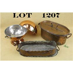 Lot of copper utensils including an old  planter style boat approx. 16” x approx. 6’  with heavy pat