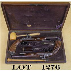 Cased pair of percussion dueler/target  pistols,  .50 cal., 8” octagon barrels,  engraved lock plate