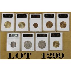 Lot of graded coins, 9 total. 1942 fifty-cent  walking liberty, ANAC graded AU55; 1868  two-cent pie
