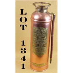 Old copper and brass fire extinguisher,  approx. 24” high with front instructions  brass plaque indi