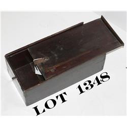 Interesting old wooden storage box with  sliding wood cover and iron securing latch  approx. 17” x  