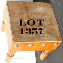 Massive old solid butcher’s block/table  approx. 29” high and approx. 30” square with  large turned 