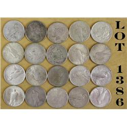 20 Peace dollars, 1922 to 1926, various  dates. AU to Unc. Est: $300 - $600