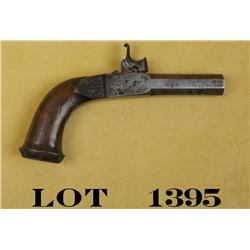 Folding trigger single shot percussion muff  pistol, .50 cal., 2-1/2” octagon barrel with  Damascus 