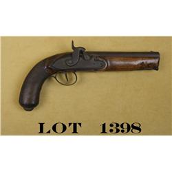 Belgian single shot percussion pistol, .58  cal., 6-1/2” octagon barrel, brown finish,  checkered wo