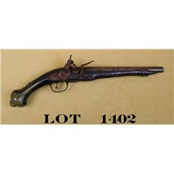 Rough condition Arabic flintlock single shot  pistol, .62 cal., 11” barrel, carved wood  stock, bras