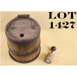 Old wooden circular bucket or churn, approx.  10” tall and approx. 9” diameter with iron  barrel ban