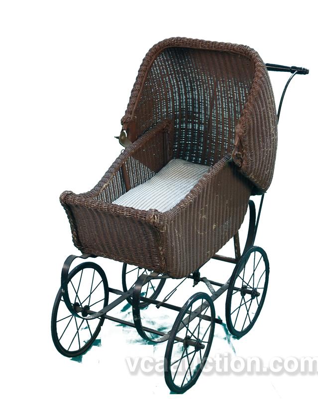 Early Wicker & Cast-Iron Child's Doll Stroller/Buggy