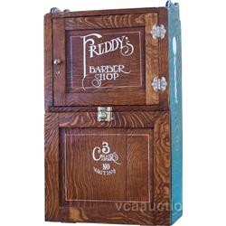 Tiger Oak Barbers' Wall Cabinet w/ contents