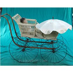 Early Victorian Wicker & Cast-Iron Baby Stroller/Bugg