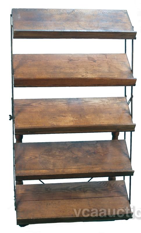 Early Oak & Cast-Iron 5 Shelves Folding Display Rack