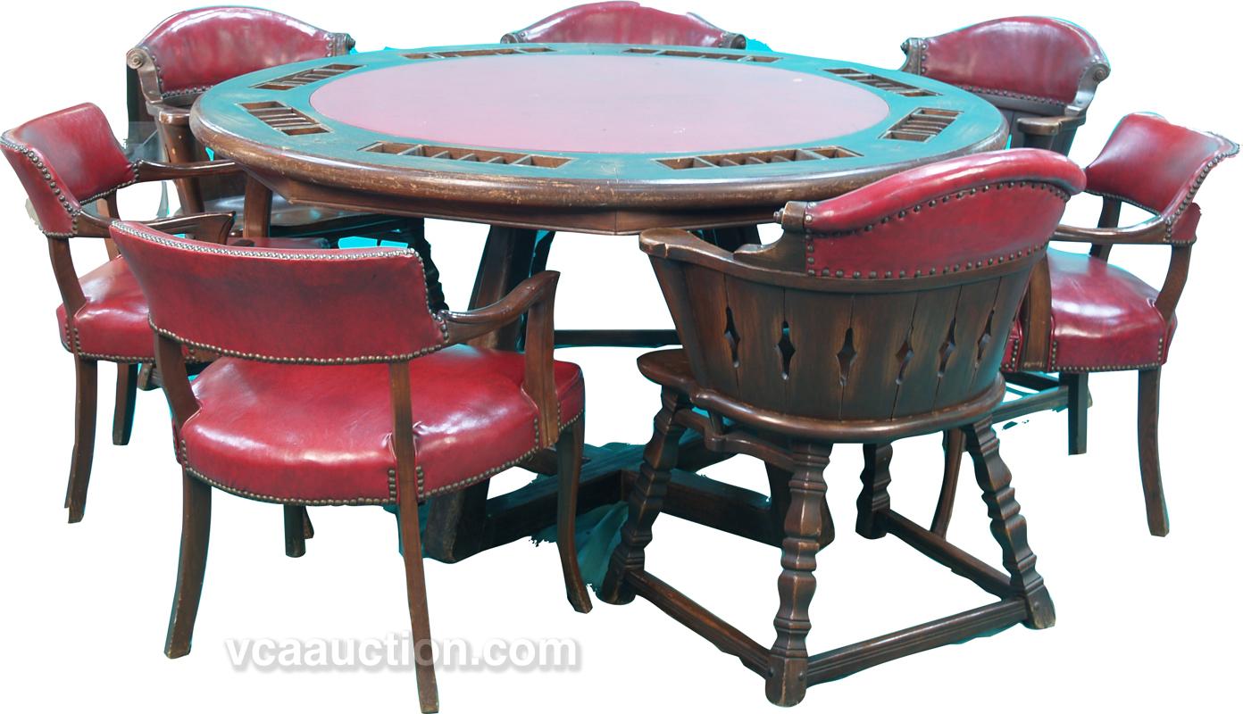 Large Round Oak Poker Table w/ 8 Chairs