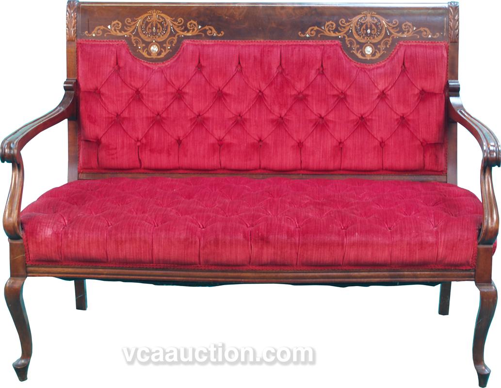 Victorian Wooden Bench w/ Red Velvet Upholstery,